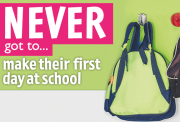 Backpack hanging on a hook outside a classroom with text Never got to make their first day at school