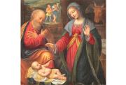 A serene painting of the Nativity scene with Joseph, Mary, and baby Jesus, featuring warm colors and a peaceful setting.