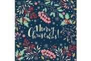 A decorative Merry Christmas card with colorful berries and leaves on a dark background, exuding festive cheer.