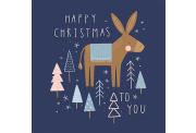 A Christmas card featuring a donkey with a blanket, surrounded by decorated trees and stars, with the text "Happy Christmas to you.