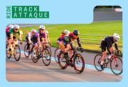 A group of cyclings racing around an ourdoor velodrome