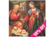 A serene painting of the Nativity scene with Joseph, Mary, and baby Jesus, featuring warm colors and a peaceful setting. A 50% off ribbon crosses a corner