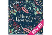A decorative Merry Christmas card with colorful berries and leaves on a dark background, exuding festive cheer. A 50% off ribbon crosses a corner