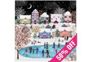 Families and children ice skate on a frozen pond under a snowy night sky, surrounded by colorful houses decorated for Christmas. A 50% off ribbon crosses a corner