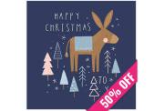 A Christmas card featuring a donkey with a blanket, surrounded by decorated trees and stars, with the text "Happy Christmas to you. A 50% off ribbon crosses a corner