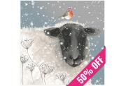 Watercolor-style image of a black-faced sheep in falling snow with a red-breasted robin in a Santa hat perched on its head. A 50% off ribbon crosses a corner