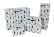 A selection of christmas gift bags in various sizes, white with mulitcoloured christmas trees pattern