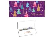 A gift wallet with a purple cover and multicolour christmas trees