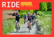 Group of cyclisted riding down a country lane with fields either side of the road