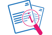 Illustration of a magnafying glass looking over information sheets