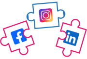 Facebook, Instagram and LinkedIn logos featured on jigsaw puzzle pieces shapes