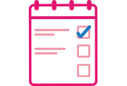 A pink illustrated icon depicting a check list with a blue checkmark next to the top line