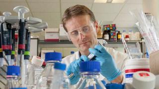 Professor Davidson in lab. Copyright Douglas Robertson courtesy of the MRC