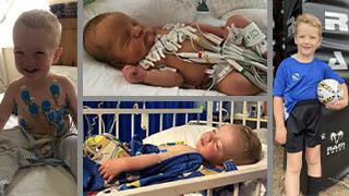 A collage of family photos of Henry in hospital as a new born and as a toddler, playing rugby and playout outside.