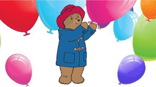 Illustration of Paddington Bear playing with balloons