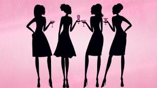 Illustration of 4 ladies glamourously dress wtih carious cocktail glasses