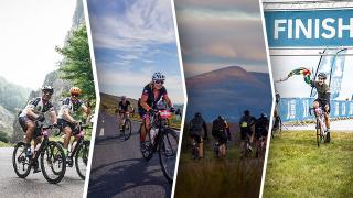 A collage of image showing cyclist in various British countryside landscapes
