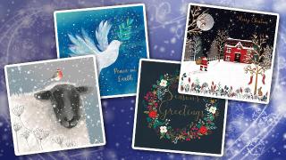 Snowflake on a night sky in the background with four of this years Christmast card designs displayed