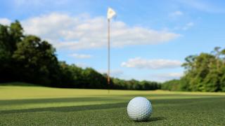 A golf ball laying on a smooth golf green with a golf flag in the background and trees in the distance 