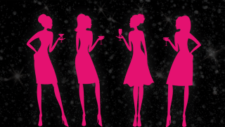 Pink silhouettes of women holding cocktails on a glittery black background