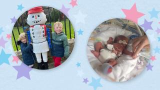 Two circular photos on a pastel background with stars. Left: two smiling children next to a large toy soldier figure. Right: a premature baby in an incubator, with wires attached, holding an adult's finger.