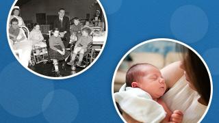 Two circular images on a blue background: one shows a historical scene with children in wheelchairs, the other shows a baby being cradled.