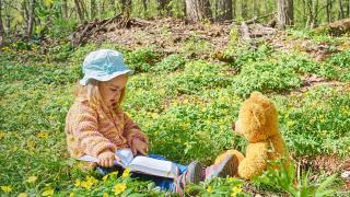 A young girl wearing a sun hat and colorful sweater sits on grass in a forest, reading a book to a teddy bear surrounded by flowers.