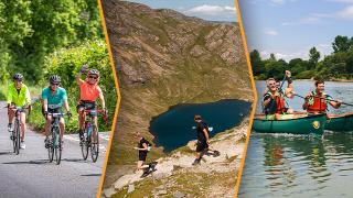 A split image showing people cycling on a rural road, hiking in the mountains, and paddling canoes on a calm lake under a sunny sky.