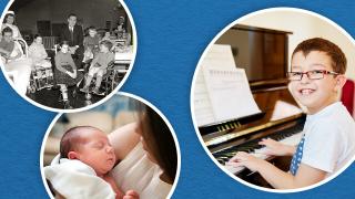 Blue banner with circular photos: a vintage hospital ward, an adult holding a newborn, and a boy smiling at a piano.