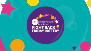 Colorful circles and stars surround a "Fight Back Friday Lottery" logo for Action Medical Research.