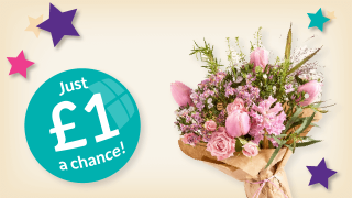 Spring Superdraw banner promoting a £1 entry lottery with prizes up to £10,000, £500 cash, and a year of flower bouquets