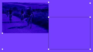 A purple-toned image of cyclists riding along a countryside road next to a purple background with a placeholder box.