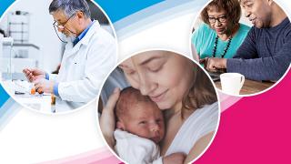 Banner featuring photo circles of a researcher in a lab coat, a mother cradling a baby, and an older couple.