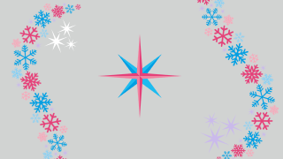 A wide festive banner featuring swirling patterns of pink and blue snowflakes and sparkling stars on a grey background.